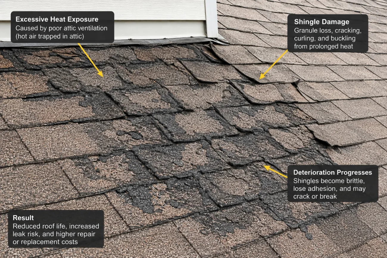 Diagram of heat-related shingle damage on a roof with labeled markings