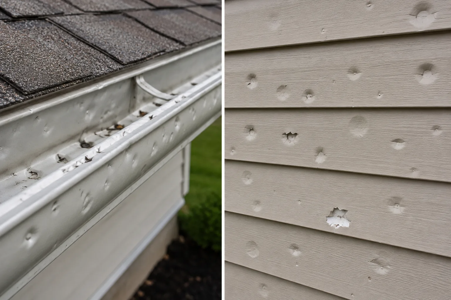 Hail-damaged gutters and siding on the storm-facing side of a St. Charles County home