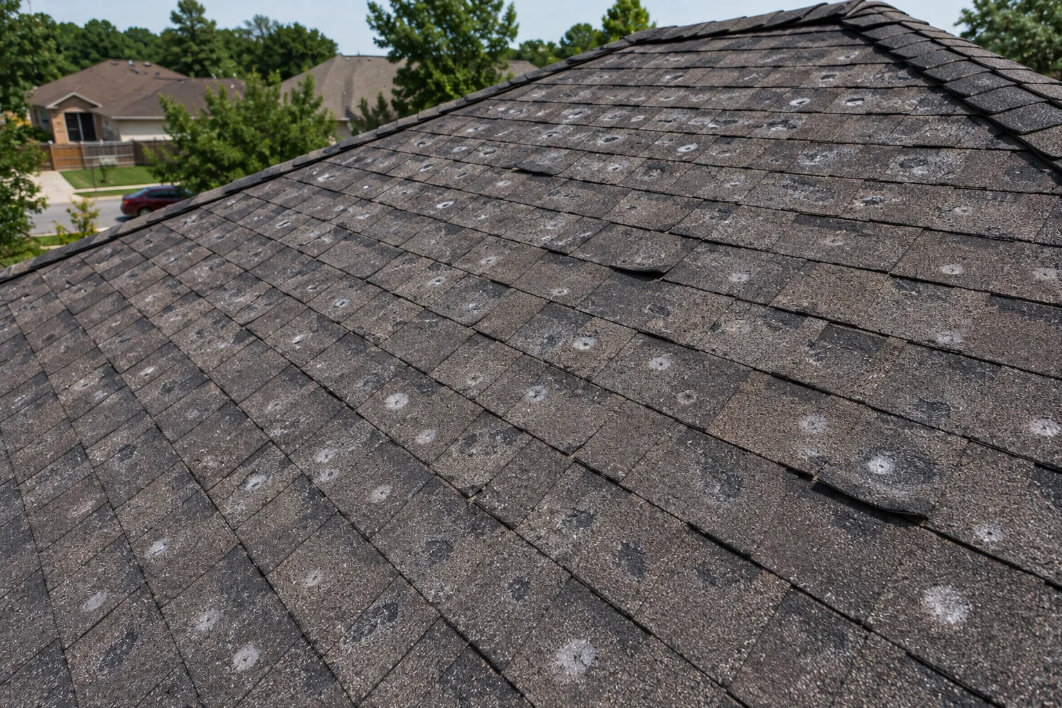 Hail damage across shingles on a Lake Saint Louis rooftop